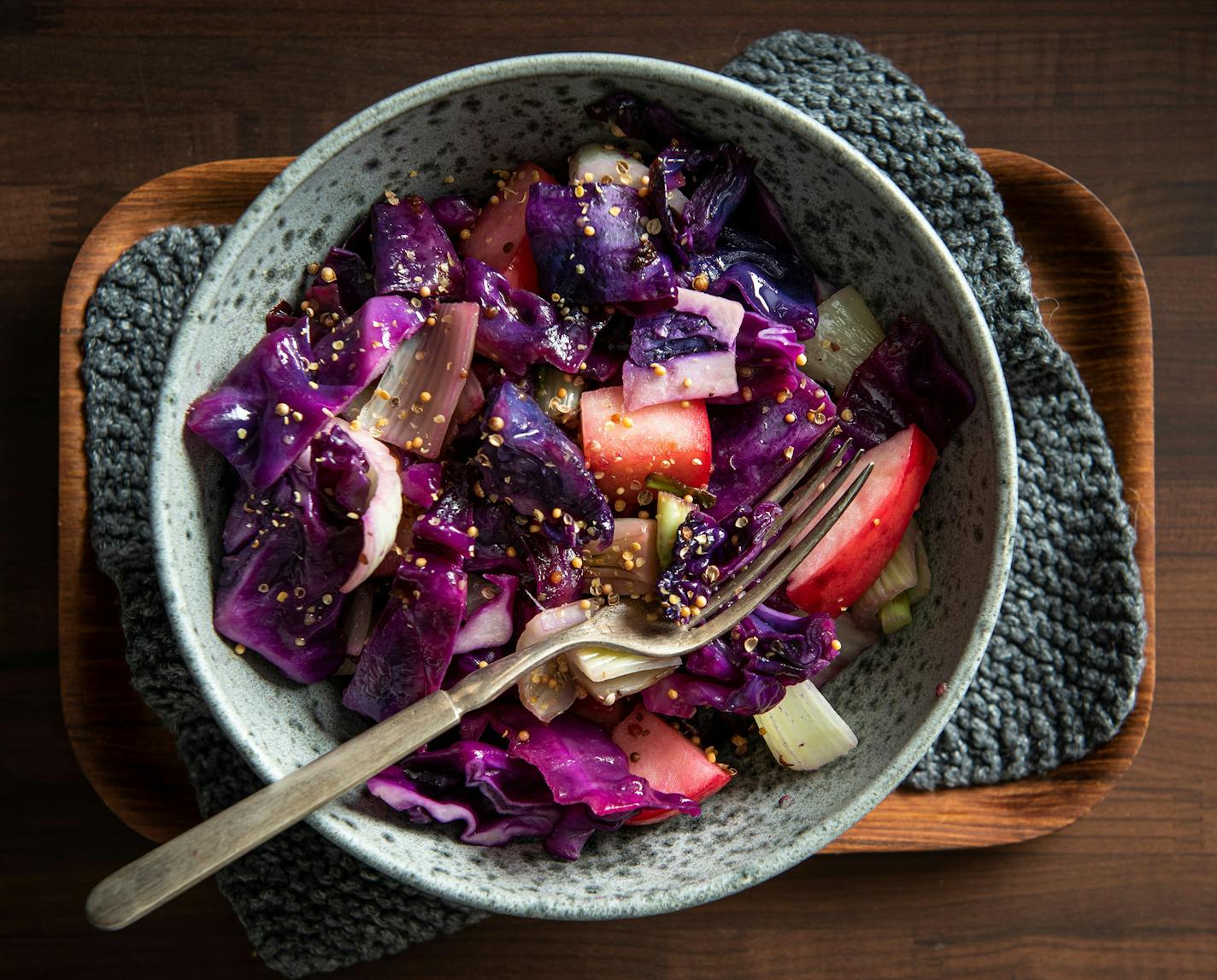 Warm Red Cabbage Salad with Apples and Mustard is a colorful fall meal. Recipe by Beth Dooley, photo by Mette Nielsen, Special to the Star Tribune