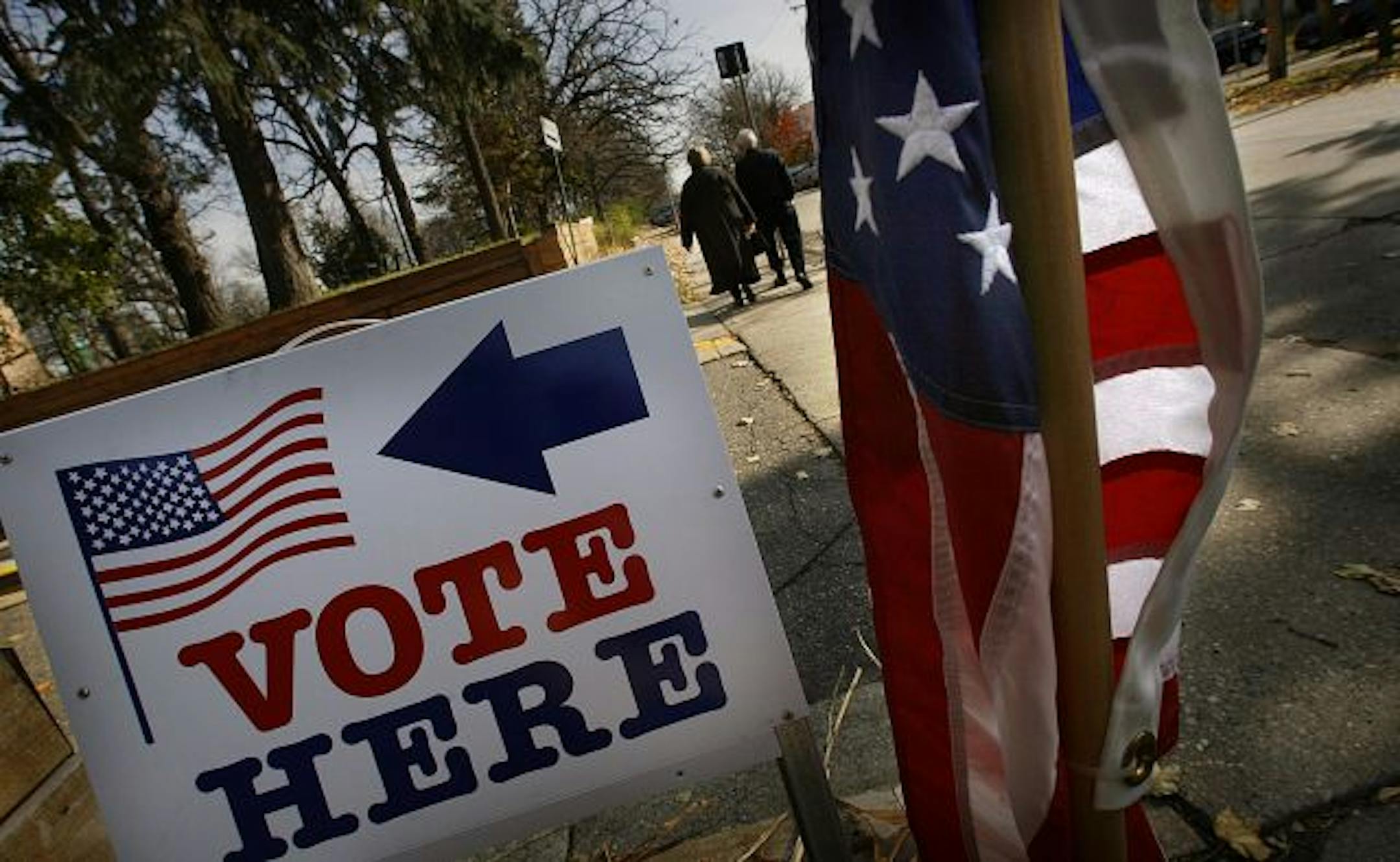 PMA sign and American Flag directed voters to the Ward 7 polling place at the Jones Harrison Residence in Minneapolis.