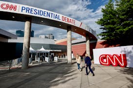 The entrance of the press venue before the CNN presidential debate between President Joe Biden and former President Donald Trump in Atlanta, on Thursd