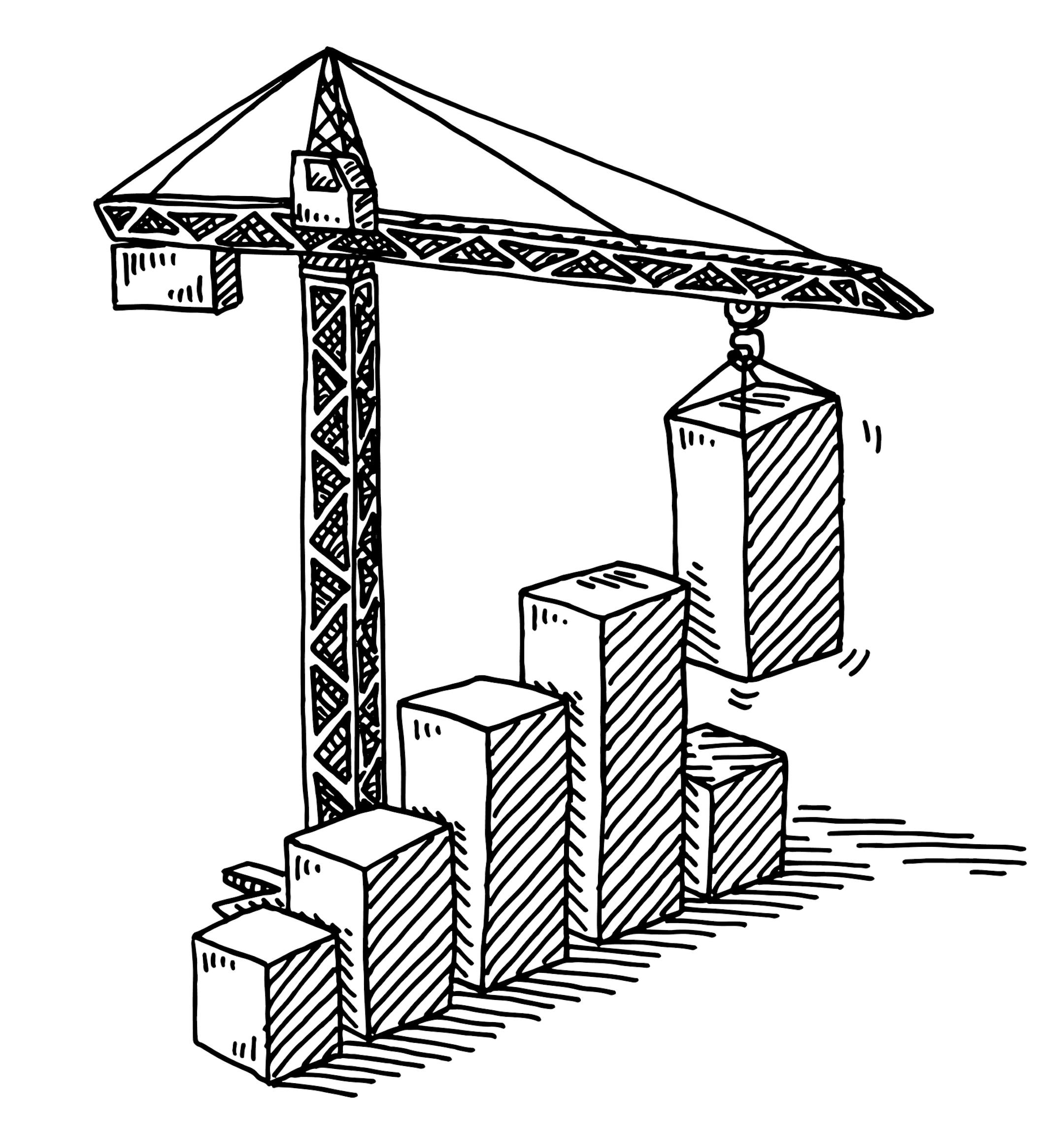 Hand-drawn vector drawing of a Construction Site with a Tower Crane and a Bar Chart, Success Concept. Black-and-White sketch on a transparent background (.eps-file). Included files are EPS (v10) and Hi-Res JPG.