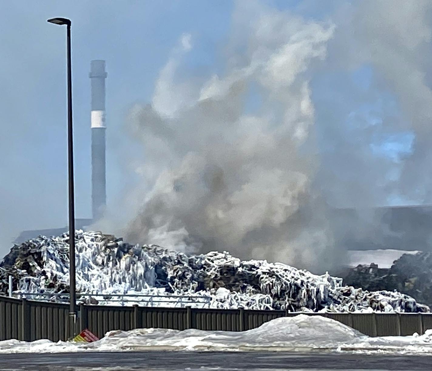 The massive fire at Northern Metal recycling in Becker, Minnesota, that has been burning for days, seemed to be under control Thursday morning. ] brian.peterson@startribune.com
Becker, MN Thursday, February 20, 2020