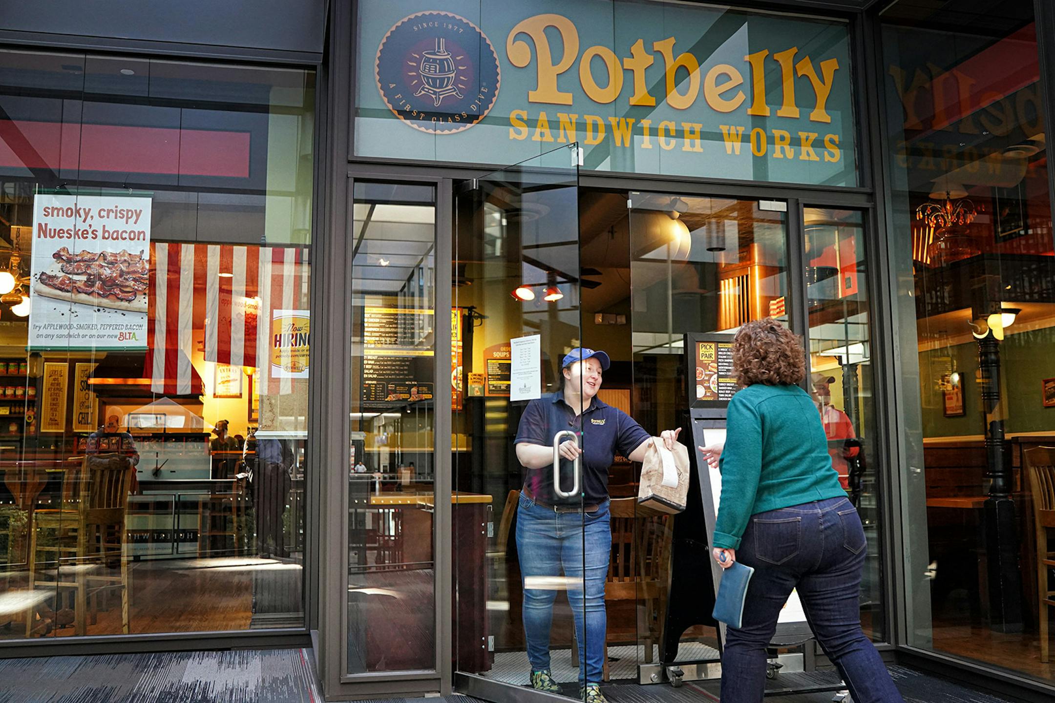 Potbelly Sandwich Works in the IDS Tower was closed but customers could order online and pick up their orders at the door. A few people were still moving around in downtown Minneapolis but nothing near the lunch hour weekday crowds.