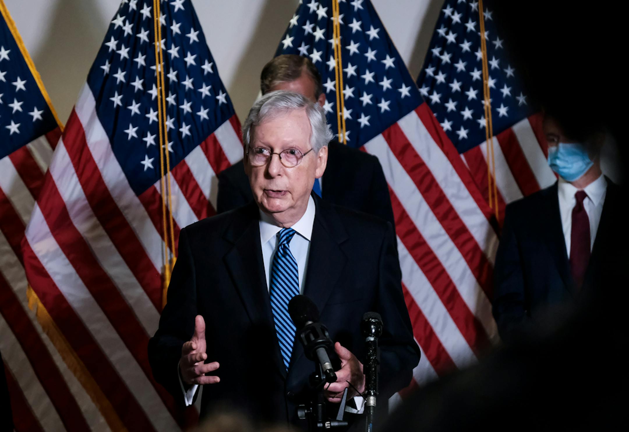 Senate Majority Leader Mitch McConnell (R-Ky.) addresses a weekly news conference following a Republican luncheon on Capitol Hill in Washington, Tuesday, Sept. 15, 2020.