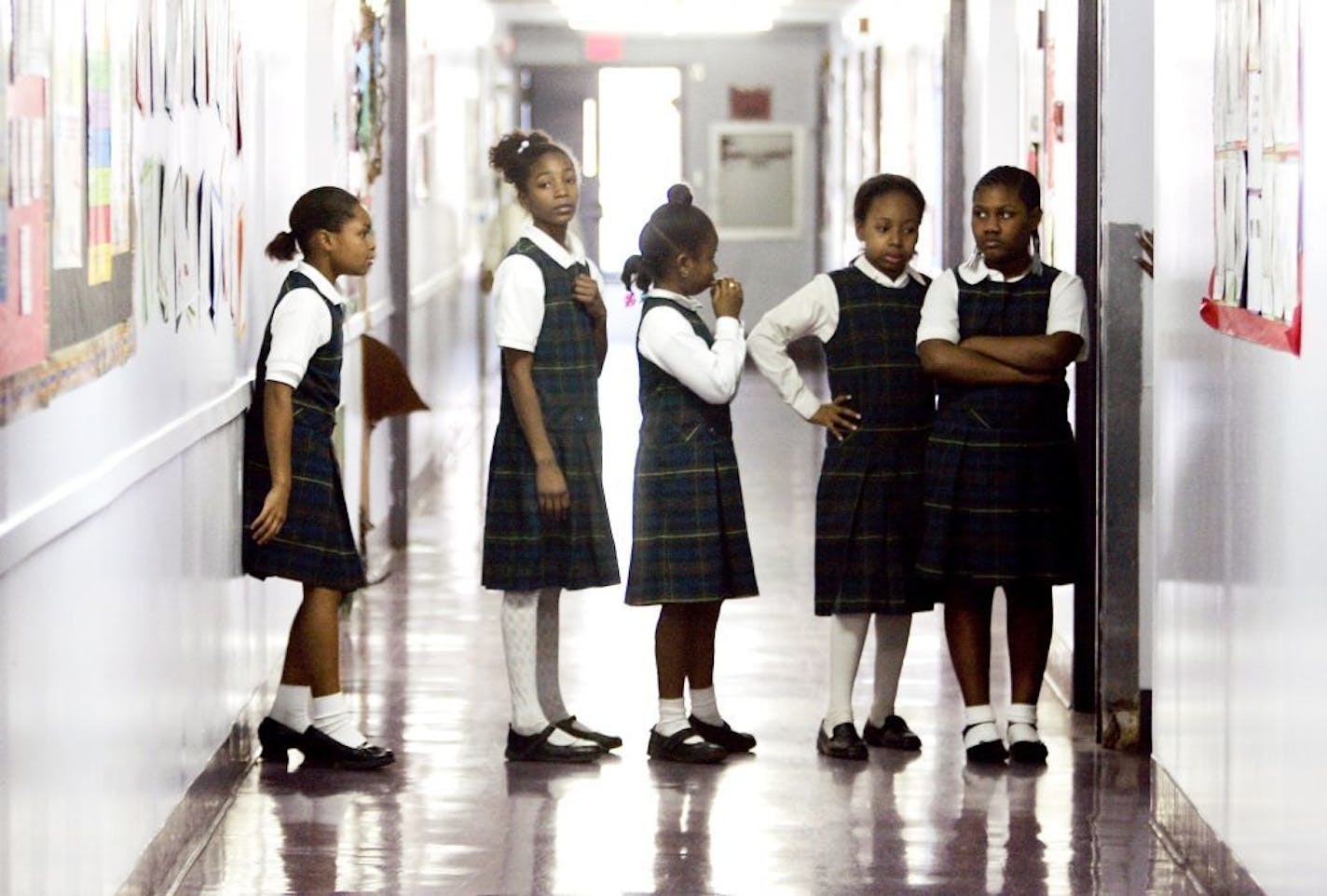 Fourth-graders wait in line at Harvest Preparatory School in Minneapolis.