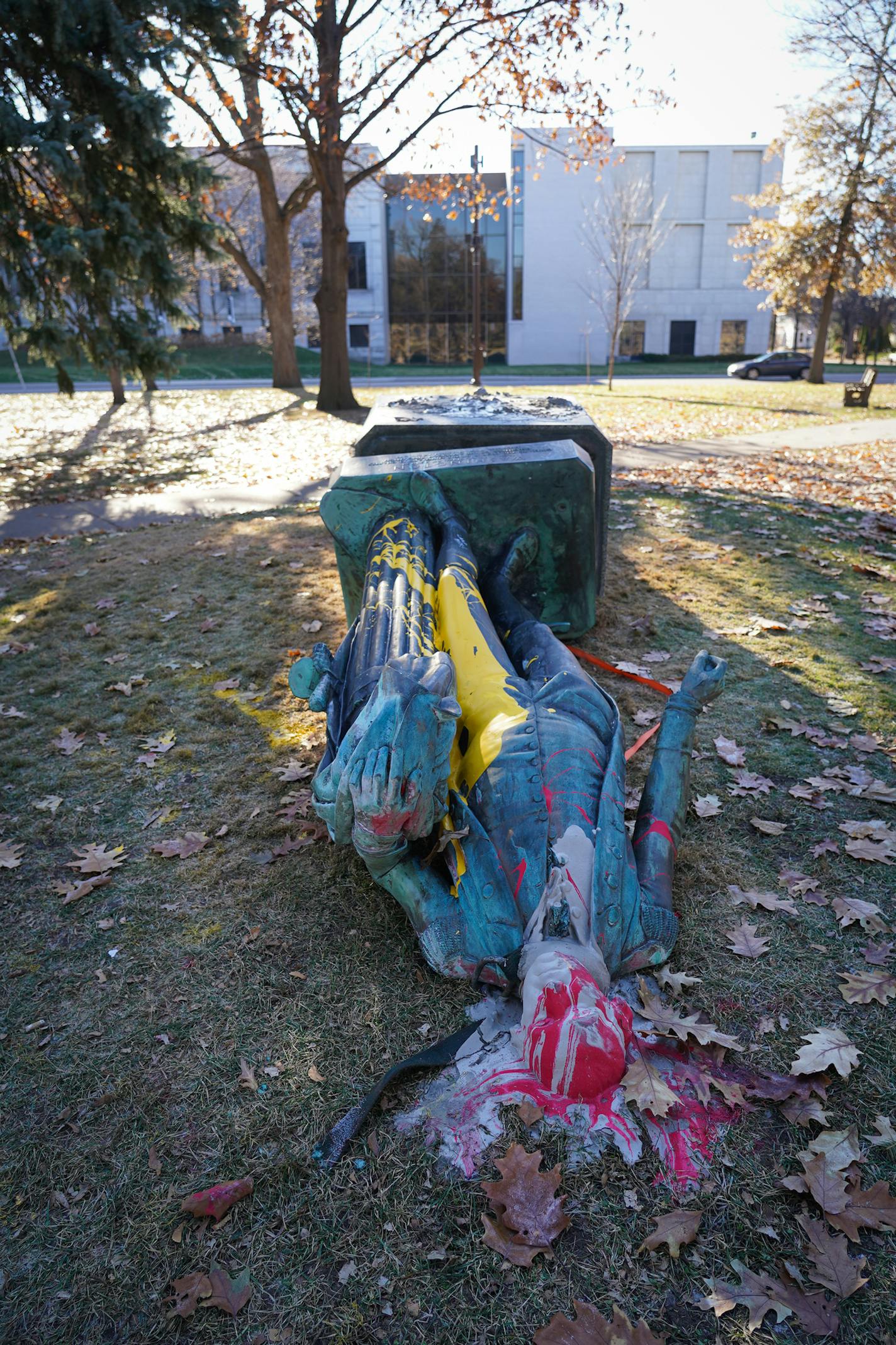 A statue of George Washington was toppled in Minneapolis' Washburn Fair Oaks Park and doused with paint.