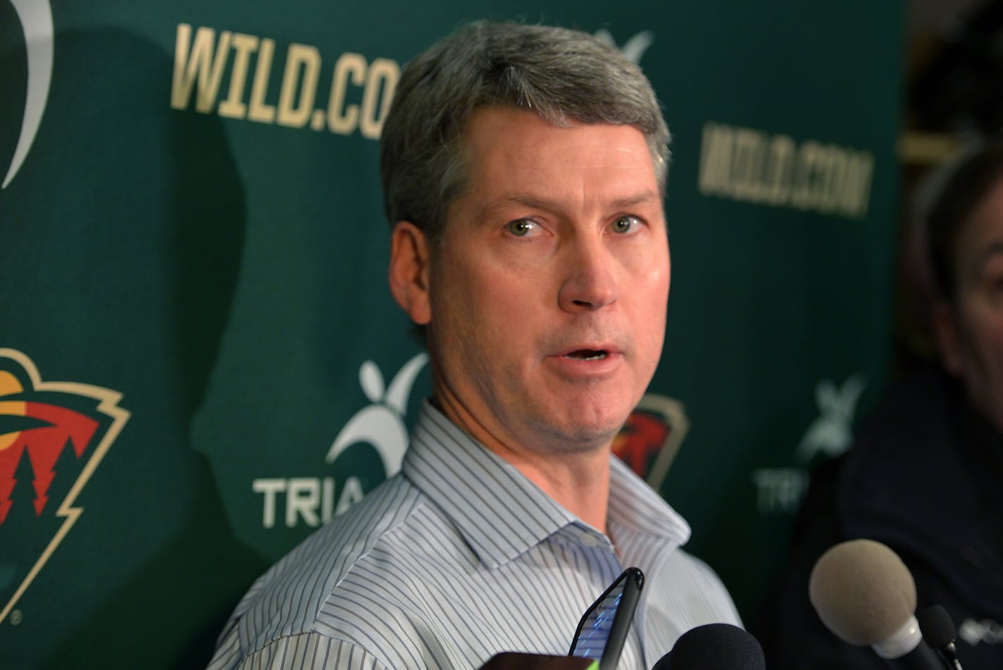 Wild General Manager Chuck Fletcher spoke to the press Sunday at Braemer Arena in Edina, the morning after firing coach Mike Yeo. John Torchetti has been named interim head coach.