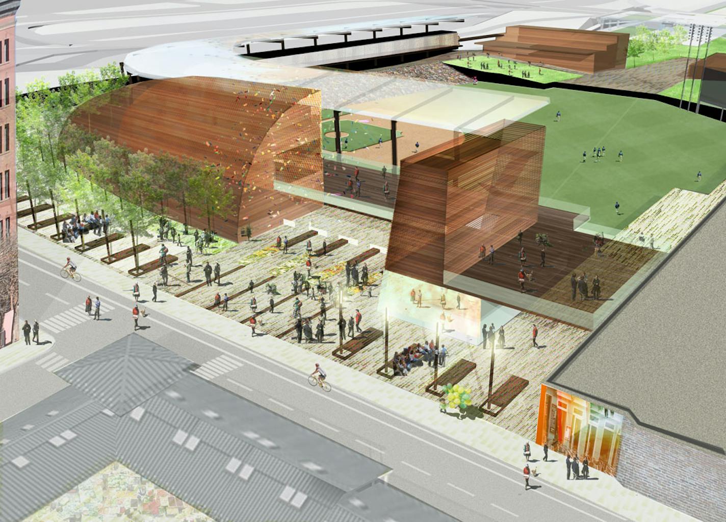 A rendering of the proposed ballpark to go in St. Paul's Lowertown.