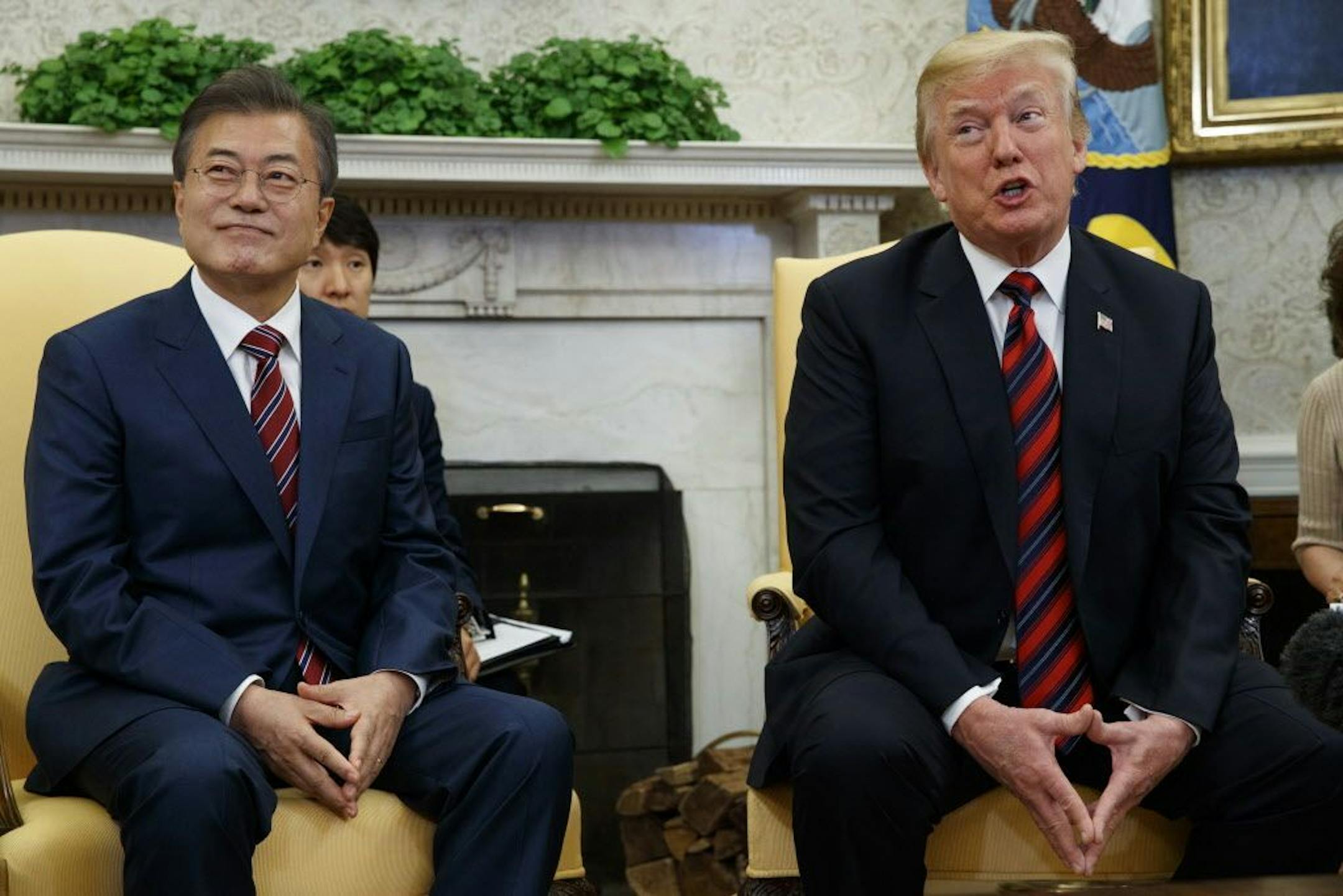 President Donald Trump meets with South Korean President Moon Jae-In in the Oval Office of the White House, Tuesday, May 22, 2018, in Washington.