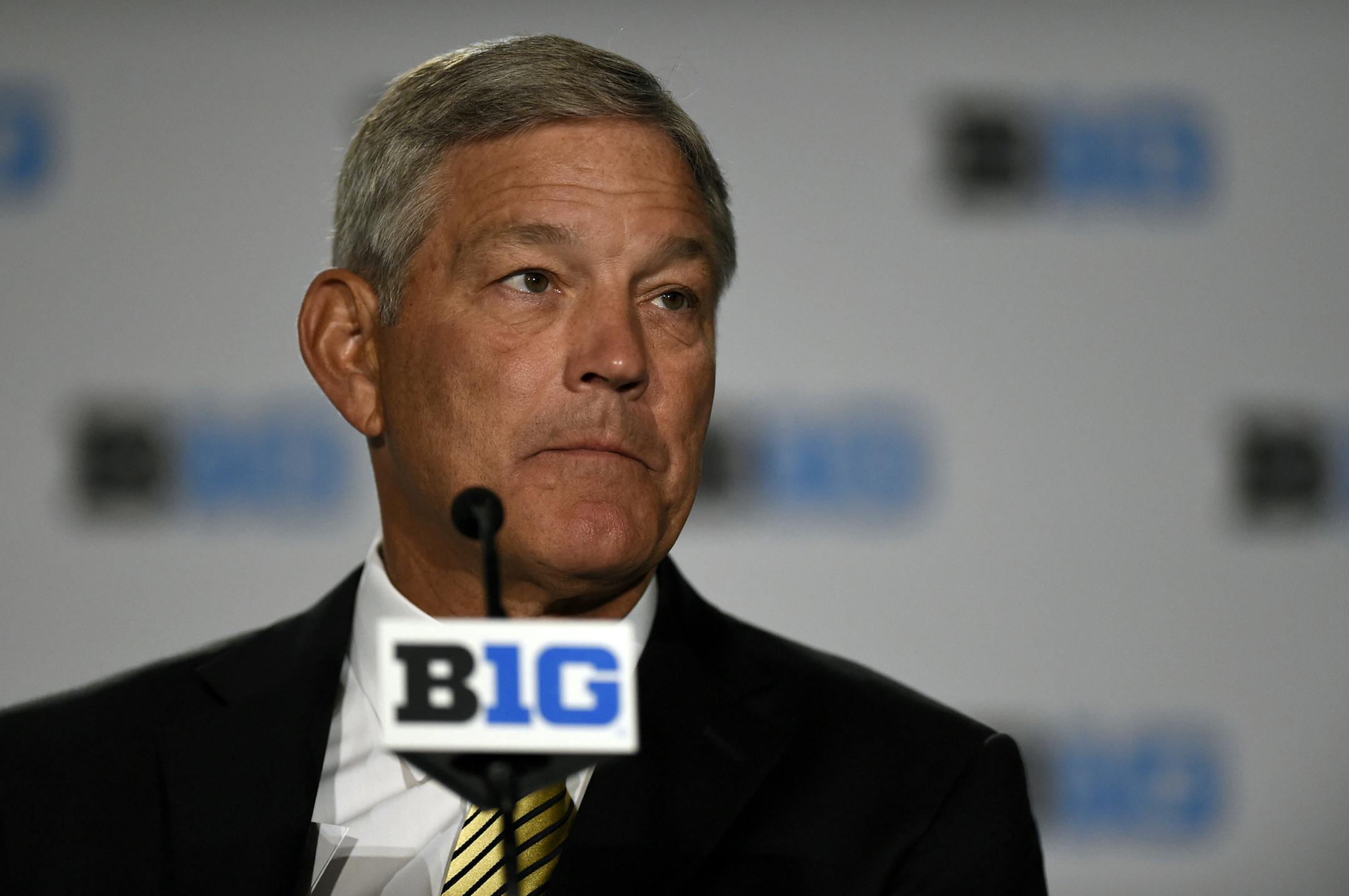 Iowa head coach Kirk Ferentz speaks at the Big Ten Conference NCAA college football Media Days in Chicago, Tuesday, July 24, 2018. (AP Photo/Annie Rice)