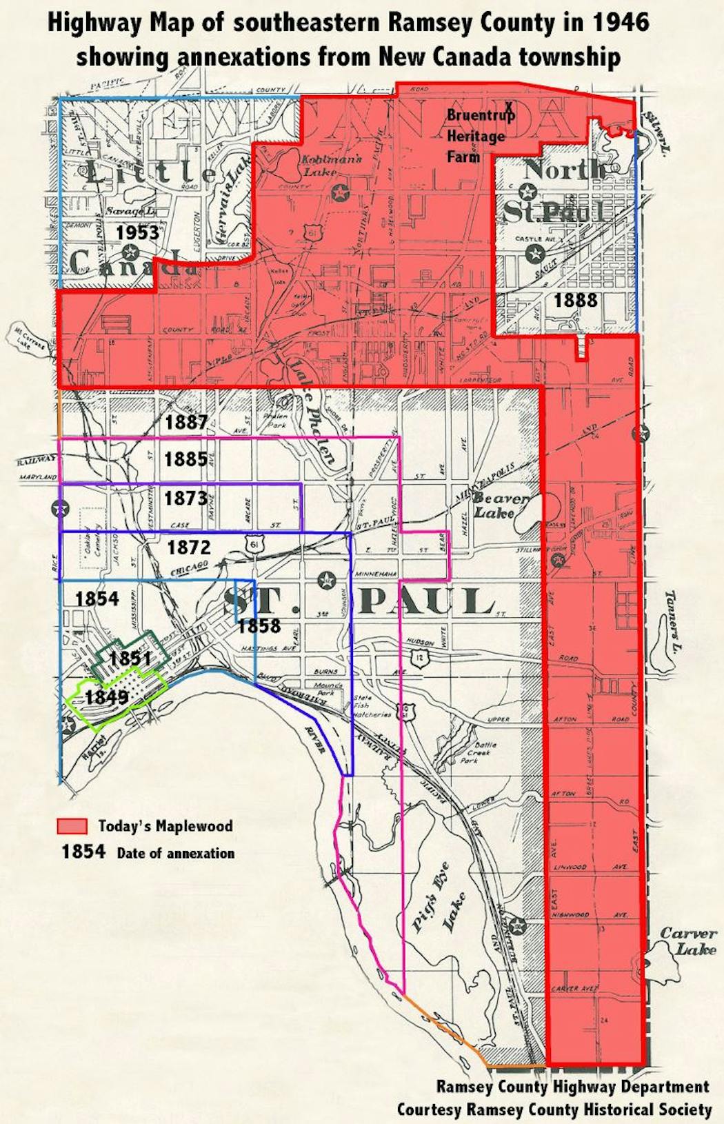 A map showing the annexations of New Canada Township.