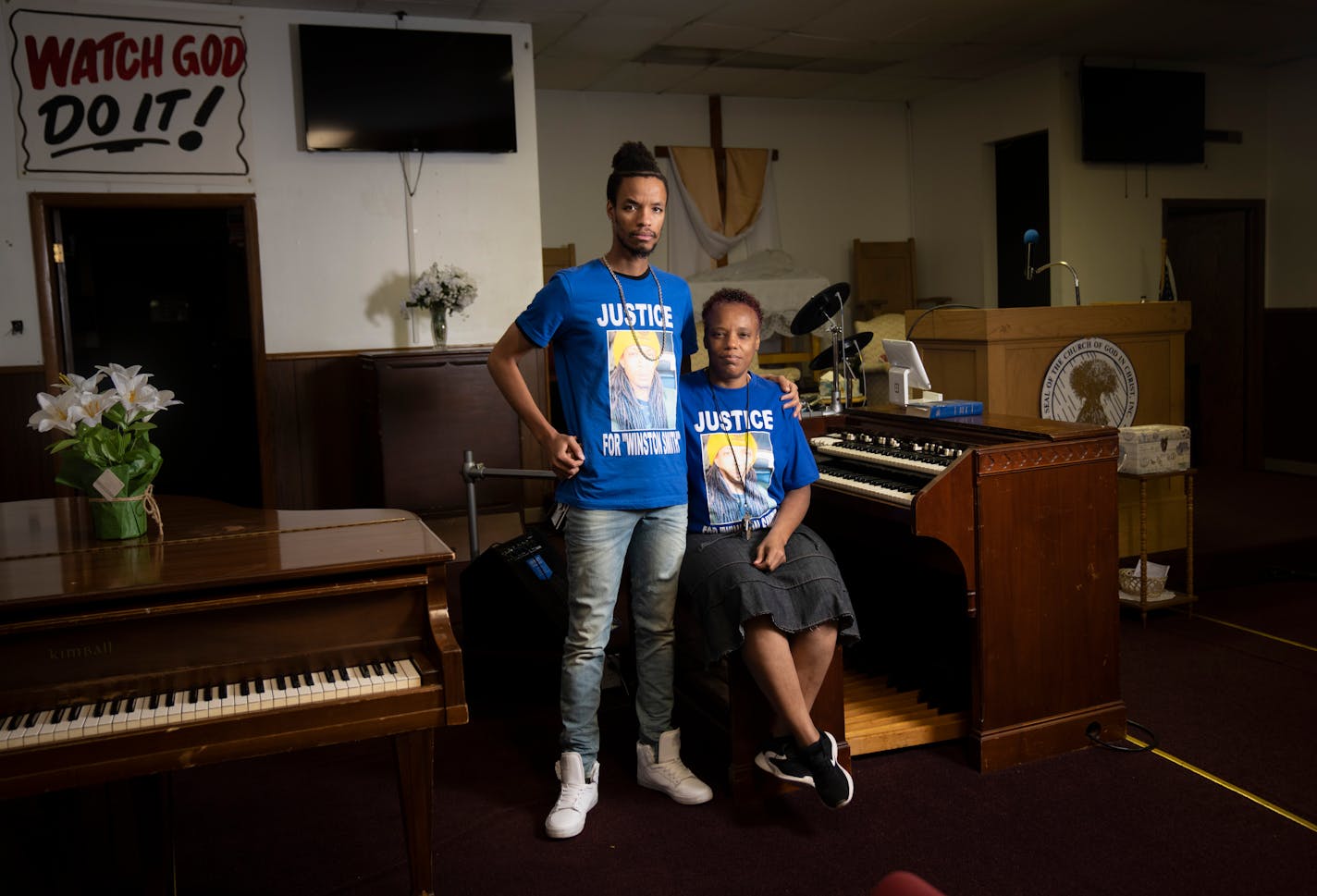 Winston Smith's brother Kidale Smith and their mother Tijuana Wilson are photographed at Shield of Faith Church where they grew up going to church in Minneapolis, Minn., Wednesday, Oct. 27, 2021. Winston started singing in the Sunshine Choir at the church when he was 6 years old. ] RENEE JONES SCHNEIDER • renee.jones@startribune.com