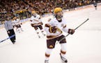 Minnesota Golden Gophers right wing Leon Bristedt (18) celebrated after scoring a goal against the Penn State Nittany Lions in the third period Friday
