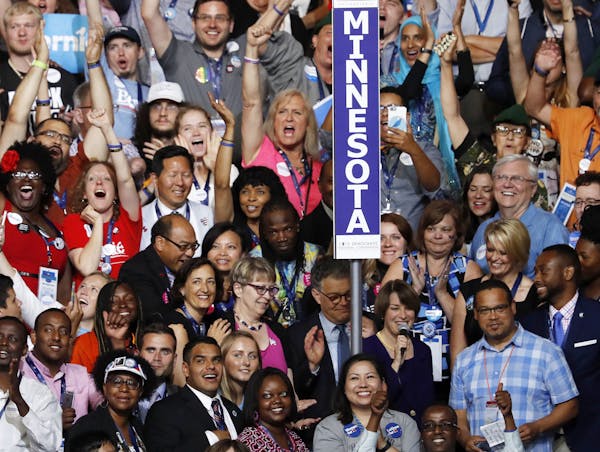 Minnesota delegates cast their votes for the presidential nomination during the second day of the Democratic National Convention in Philadelphia, Tues
