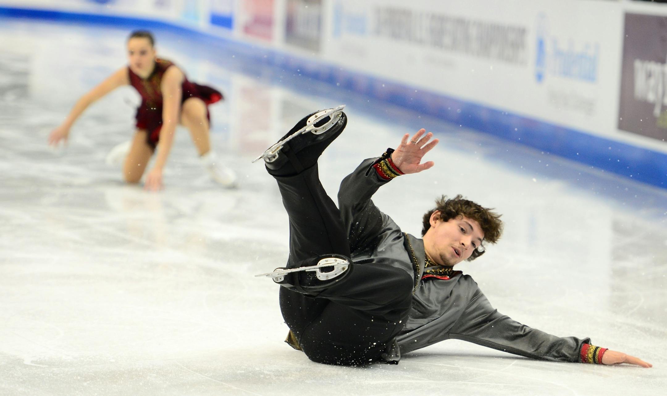 Elizaveta Usmantseva and Matej Silecky, right, both fell while attempting solo jumps in the championship pairs short program Thursday.