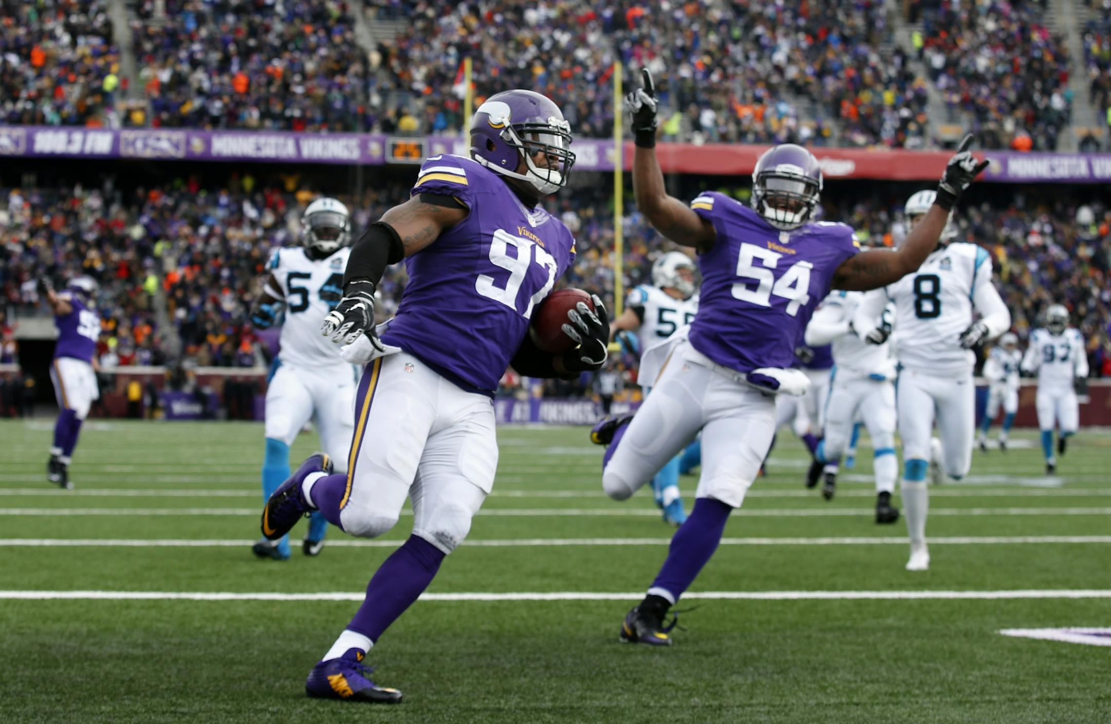 Everson Griffen (97) returned a blocked punt 43-yards for a touchdown in the second quarter.