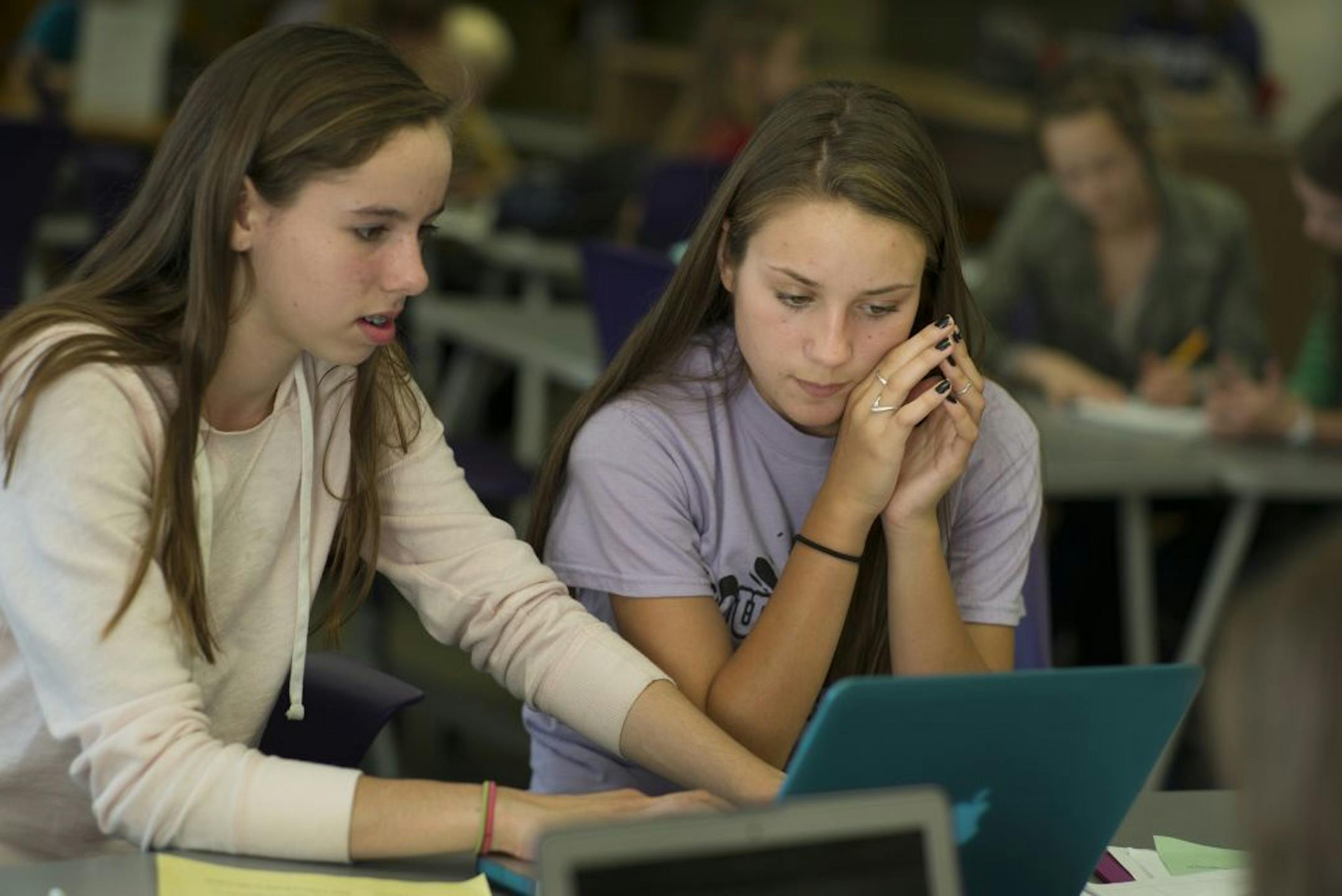 At South View Middle School's Writing Center, 8th grader Emma Hammond got help with a sugar trade essay from 9th grader Julia Fabbro.Students can get help before or after school on class writing projects. Edina school officials say its the only center in Minnesota that serves middle school students.