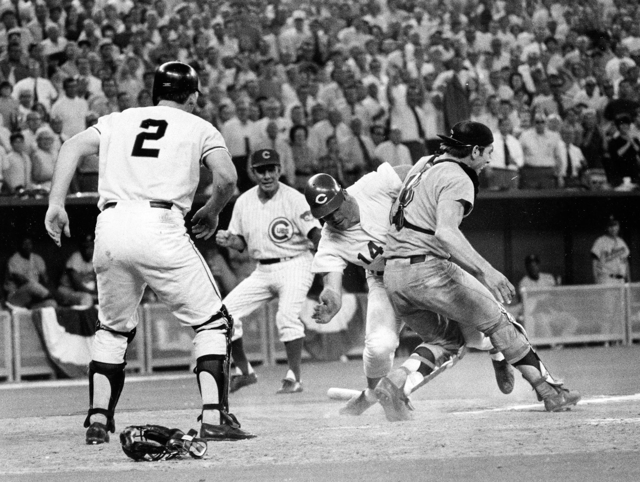 In this July 14, 1970 file photo, Cincinnati Reds' Pete Rose slams into Cleveland Indians' catcher Ray Fosse to score a controversial game-winning run for the National League team in the 12th inning of the 1970 All-Star game in Cincinnati.