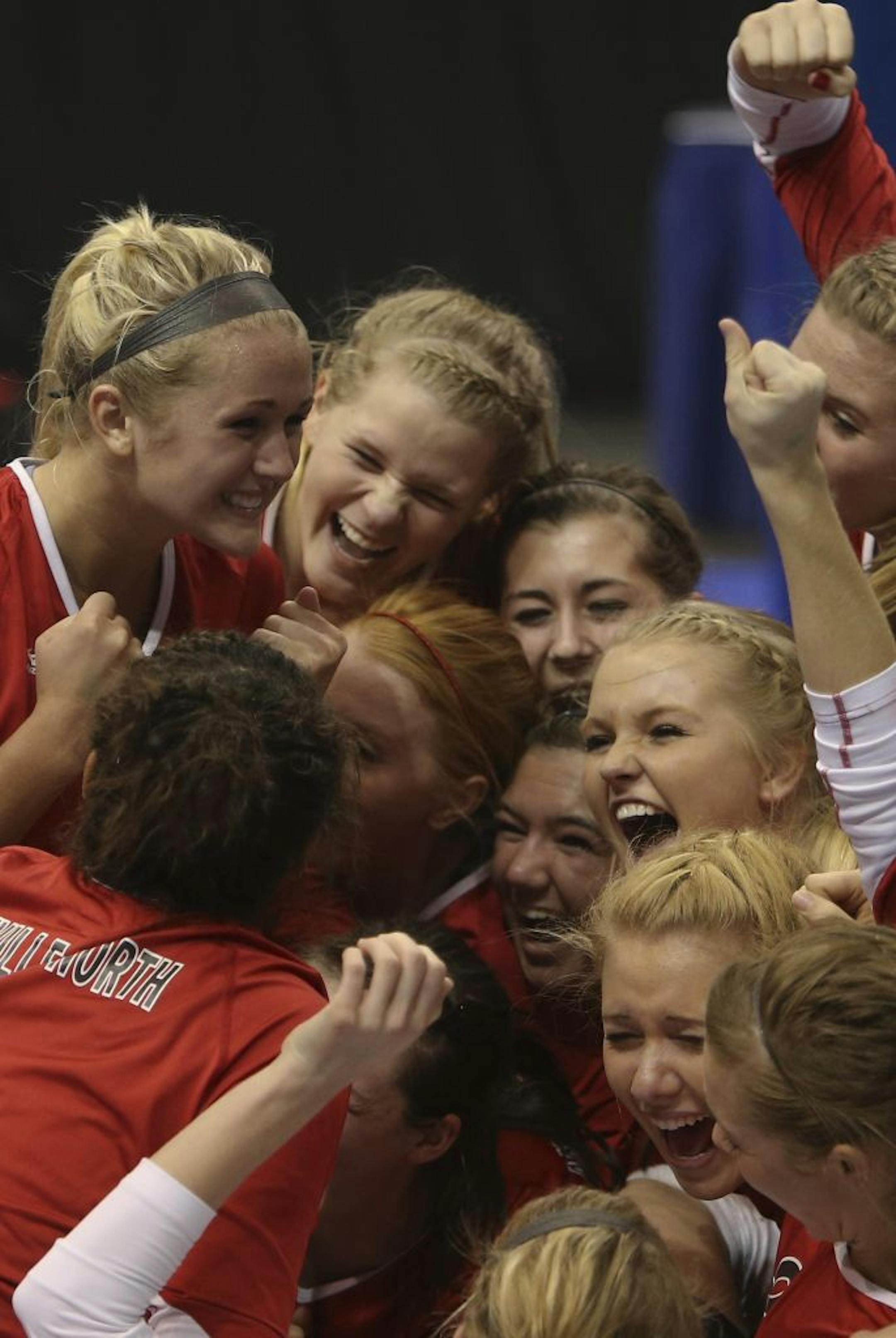 Lakeville North celebrated after winning in the Class 3A volleyball finals at Xcel Energy Center on Nov. 10.