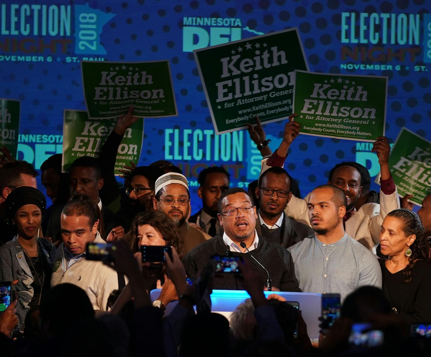 Attorney General Elect Keith Ellison gave a victory speech Tuesday evening. ] ANTHONY SOUFFLE &#xef; anthony.souffle@startribune.com Democratic-Farmer-Labor Party candidates, officials, and supporters gathered for an election night party Tuesday, Nov. 6, 2018 at the Intercontinental Hotel in downtown St. Paul, Minn.