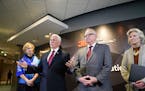 Vice President Mike Pence and Minnesota Gov. Tim Walz spoke to the press after Pence visited 3M World Headquarters in Maplewood on Thursday. Pence met