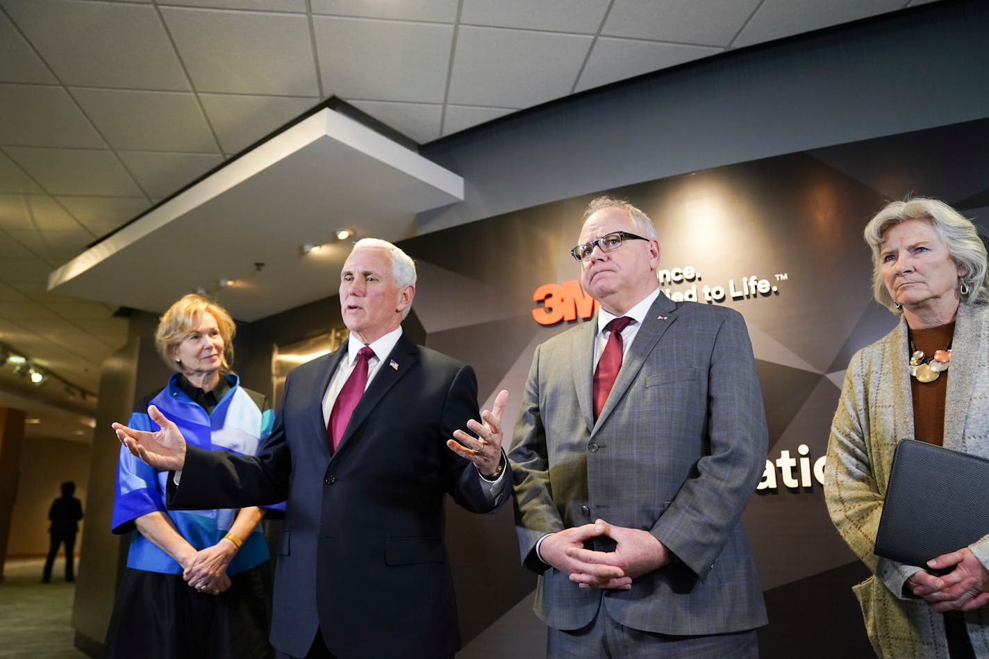 Vice President Mike Pence and Minnesota Gov. Tim Walz spoke to the press after Pence visited 3M World Headquarters in Maplewood on Thursday. Pence met with 3M leaders and Walz to coordinate response to the COVID-19 virus. On the left is Dr. Deborah Birx, ambassador and White House coronavirus response coordinator. On the right is Minnesota Health Commissioner Jan Malcolm.