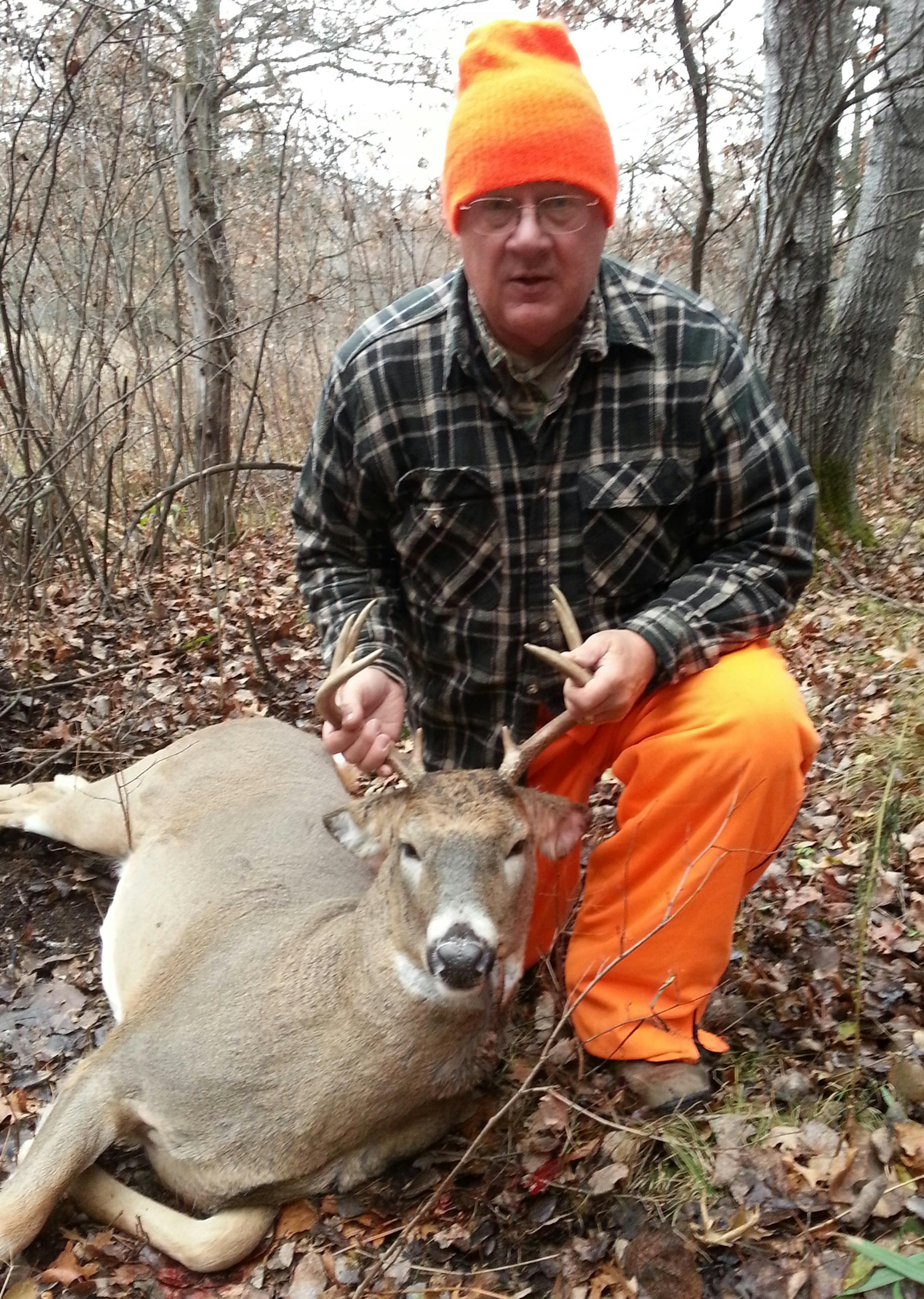Lynn Gunderson, New Brighton : After retiring from teaching and coaching at Coon Rapids High School for 36 years I took up deer hunting in 2004. I did not shoot my rifle until opening saturday at 9:15 south of Brainard. I rattled a pair of gift antlers and 5 minutes latter a buck walked out looking for a fight. One shot and I had my first deer at age 68. I can take one off the bucket list..