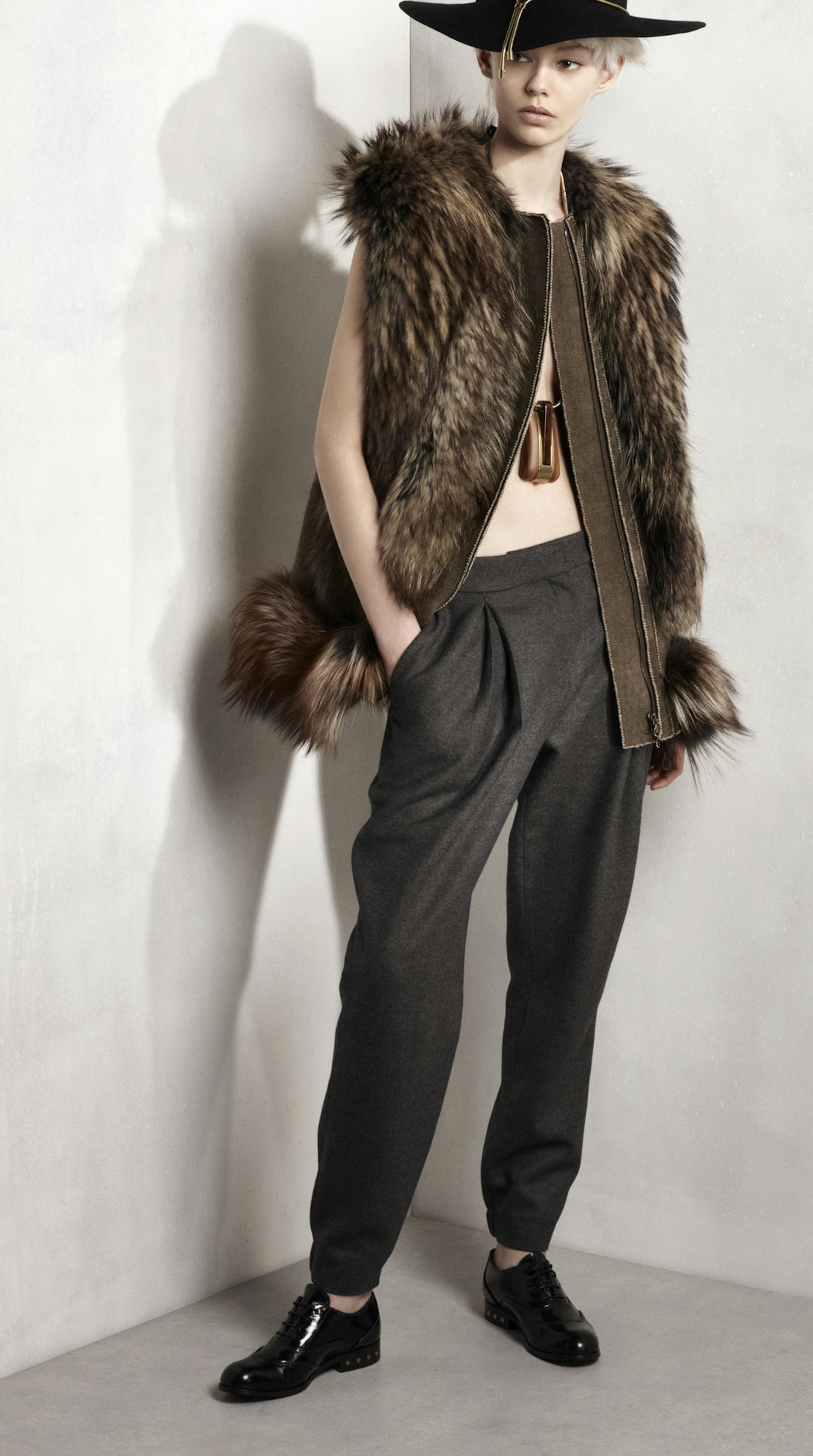 In an undated handout photo, a model presents designs from the Lanvin prefall collection, 2014. The collection emphasized a casual attitude, with blazers and sweatpants. (Handout via The New York Times) -- NO SALES; FOR EDITORIAL USE ONLY WITH STORY SLUGGED VIRAL FASHION ADV26 BY CATHY HORYN. ALL OTHER USE PROHIBITED. -- PHOTO MOVED IN ADVANCE AND NOT FOR USE - ONLINE OR IN PRINT - BEFORE JAN. 26, 2014.