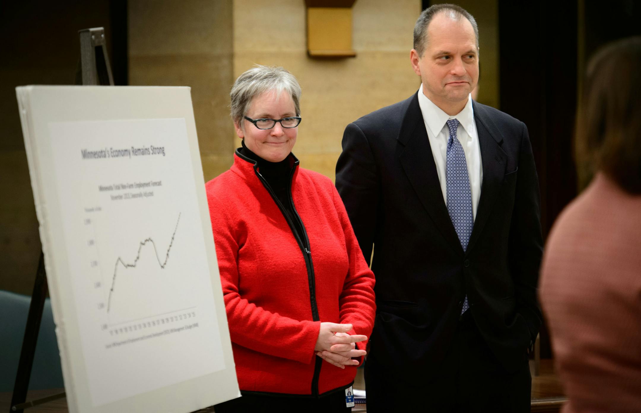 Margaret Kelly, state budget director, and Jim Schowalter, commissioner of Minnesota Management and Budget, couldn’t help but smile when the new economic forecast was released on Thursday.