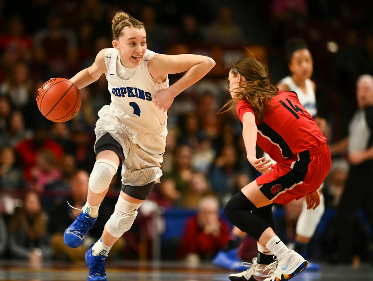 Hopkins guard Paige Bueckers (1) was defended by Stillwater guard Sara Scalia (14) in the second half. ]   Aaron Lavinsky ¥ aaron.lavinsky@startribune.com