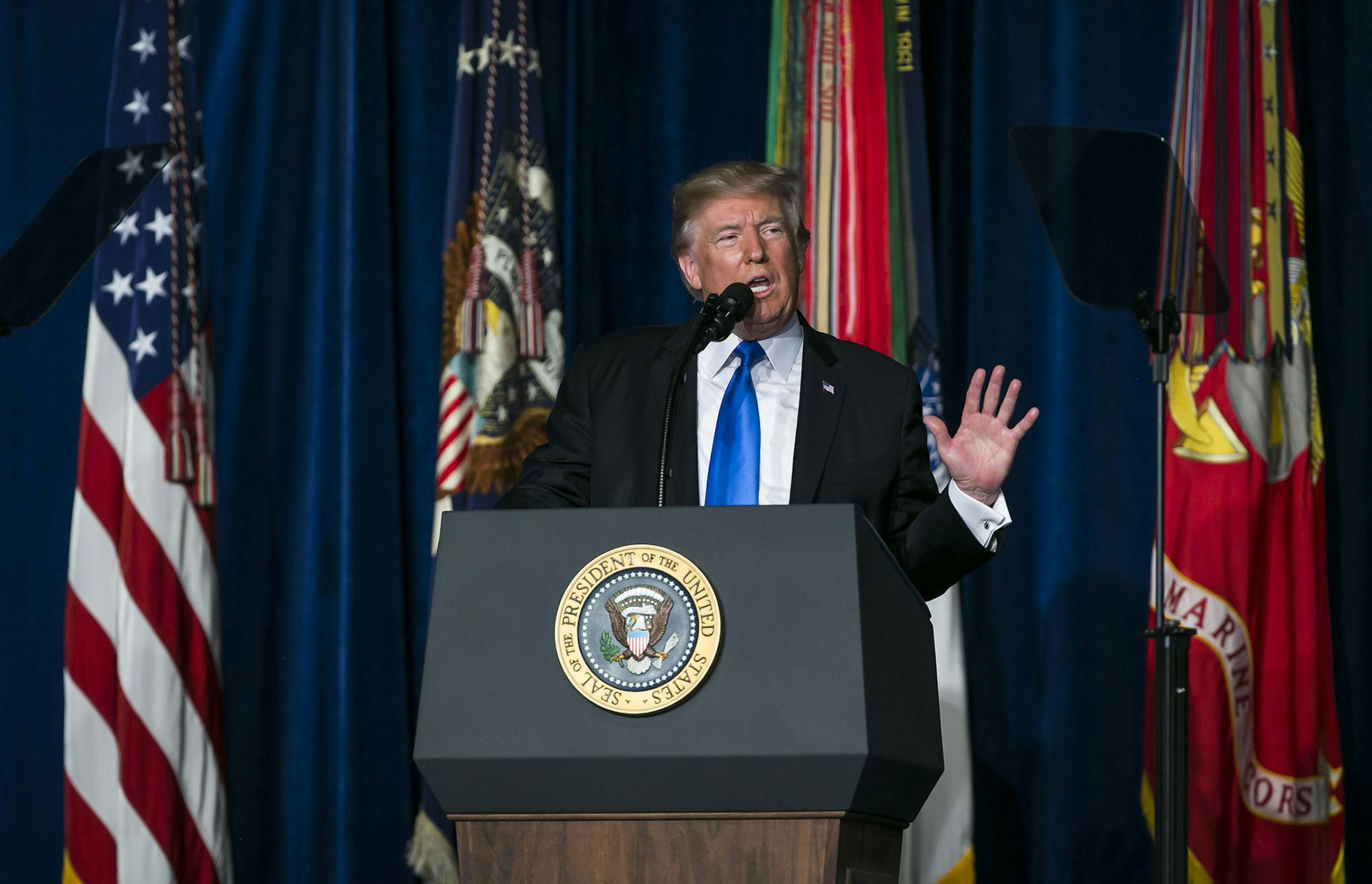 President Donald Trump delivers an address to the nation at Fort Myer in Arlington, Va., Aug. 21, 2017. President Trump on Monday pushed forward with a new strategy for the struggling United States-led campaign in Afghanistan, saying ìthe American people are weary of war without victory.î (Al Drago/The New York Times) ORG XMIT: MIN2017082211381530