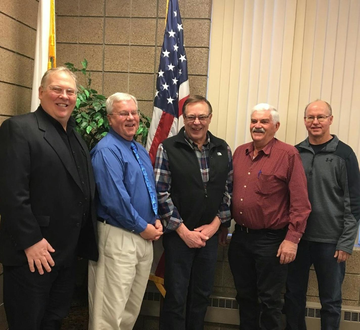 The Roseau County Board, from left: John Horner, Jack Swanson, Roger Falk, Russell Walker and Daryl Wicklund.