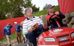 Actor Bill Murray was chauffeured to the first tee by Team USA Captain Davis Love III before Murray teed off in the Ryder Cup Celebrity Matches Tuesda