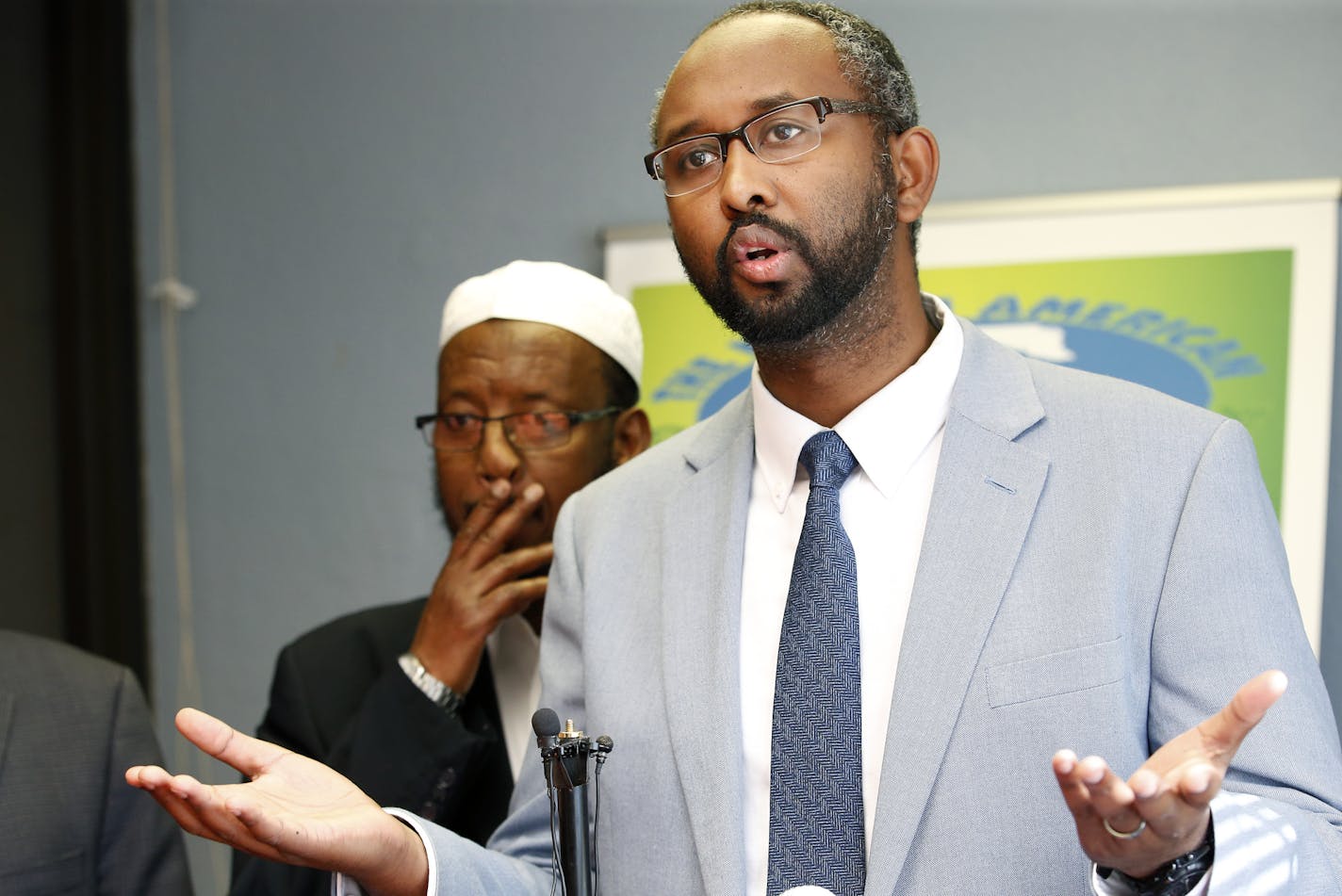 Jaylani Hussein addressed the media at The North American Council of Somali Imaams, Inc. in Minneapolis on Wednesday. The group was opposed to the new "countering violent extremism" (CVE) program. ] CARLOS GONZALEZ cgonzalez@startribune.com - September 9, 2015, Minneapolis, MN, The Minnesota chapter of the Council on American-Islamic Relations (CAIR-MN) will hold a media availability with Muslim community leaders to react to today's launch of a government-initiated "countering violent extremism"