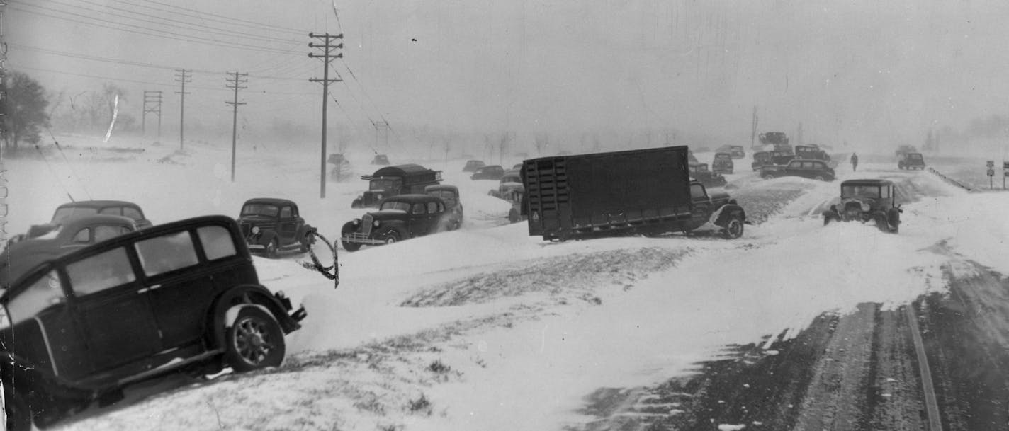 ARMISTICE DAY 1940 BLIZZARD - A Nov. 11-12, 1940, storm stalled these cars near Minneapolis.