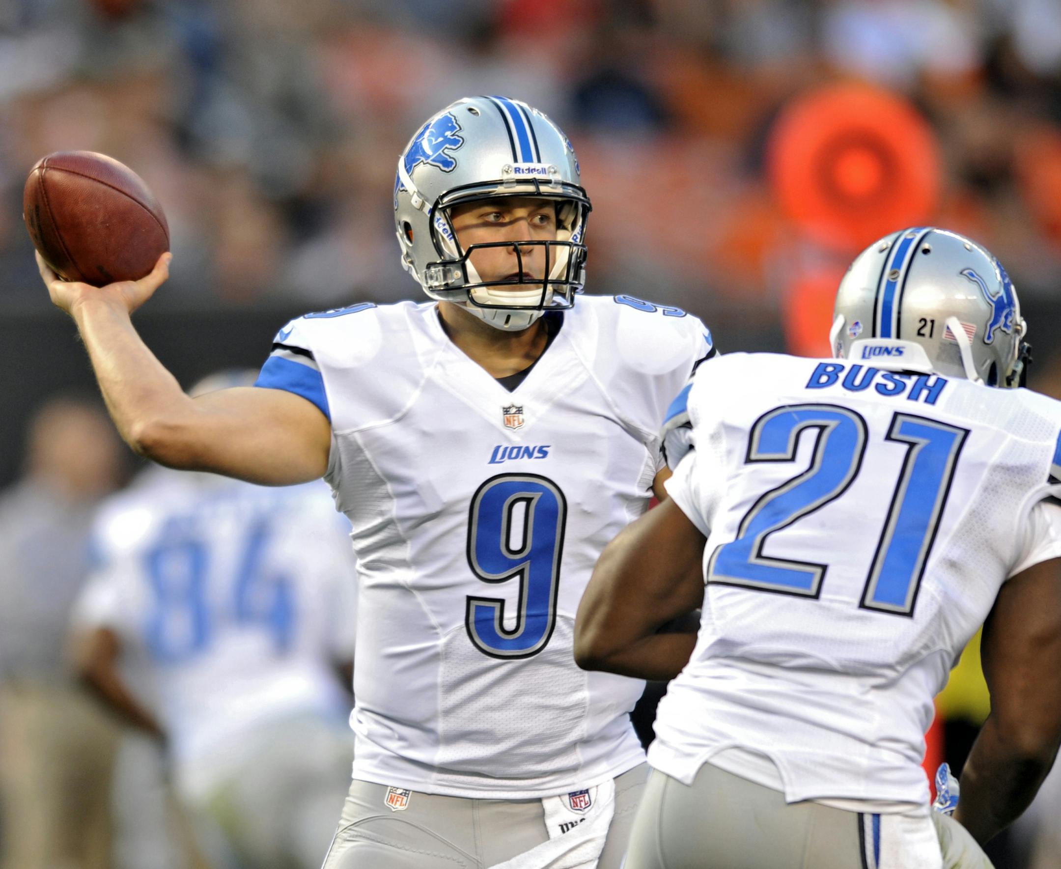 Detroit Lions quarterback Matthew Stafford (9) passes against the Cleveland Browns in the first quarter of a preseason NFL football game, Thursday, Aug. 15, 2013, in Cleveland. (AP Photo/David Richard) ORG XMIT: MIN2013090620475218