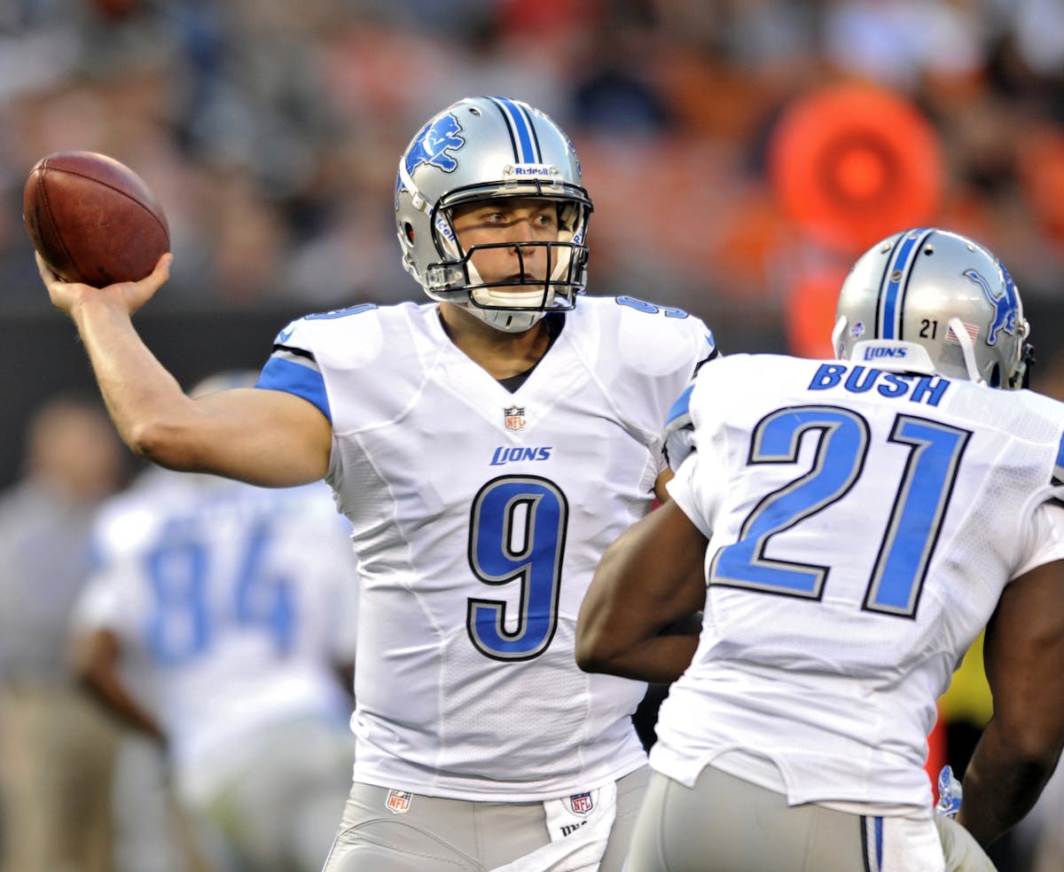 Detroit Lions quarterback Matthew Stafford (9) passes against the Cleveland Browns in the first quarter of a preseason NFL football game, Thursday, Au