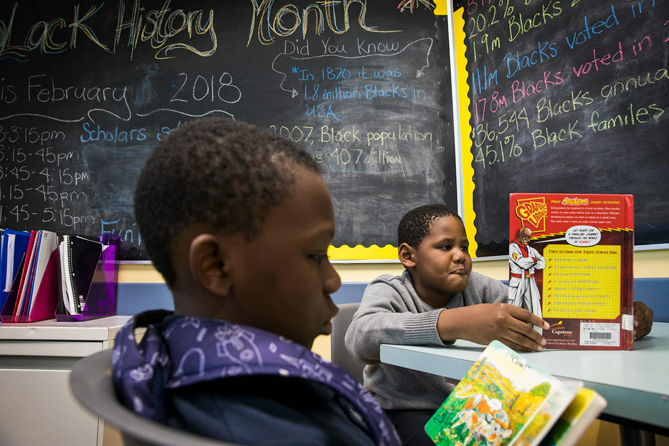 Keelijah Thomas, left, 10, and Keyair Ruffin, 9, read books during after school programing.