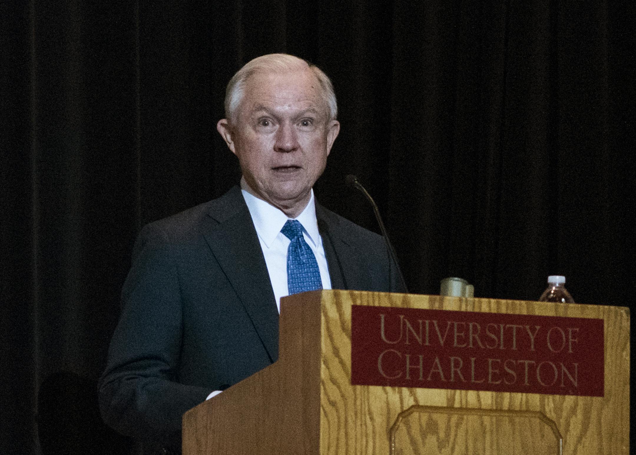 Attorney General Jeff Sessions makes opening remarks during a Drug Enforcement Administration (DEA) 360 Heroin and Opioid Response Summit at the University of Charleston, Thursday, May 11, 2017, in Charleston, W.Va. The event was held to provide solutions and strategies for combating the heroin and prescription drug abuse epidemic. This was Sessionsí first public appearance since President Donald Trump fired FBI Director James Comey on Tuesday. (AP Photo/Sam Owens)