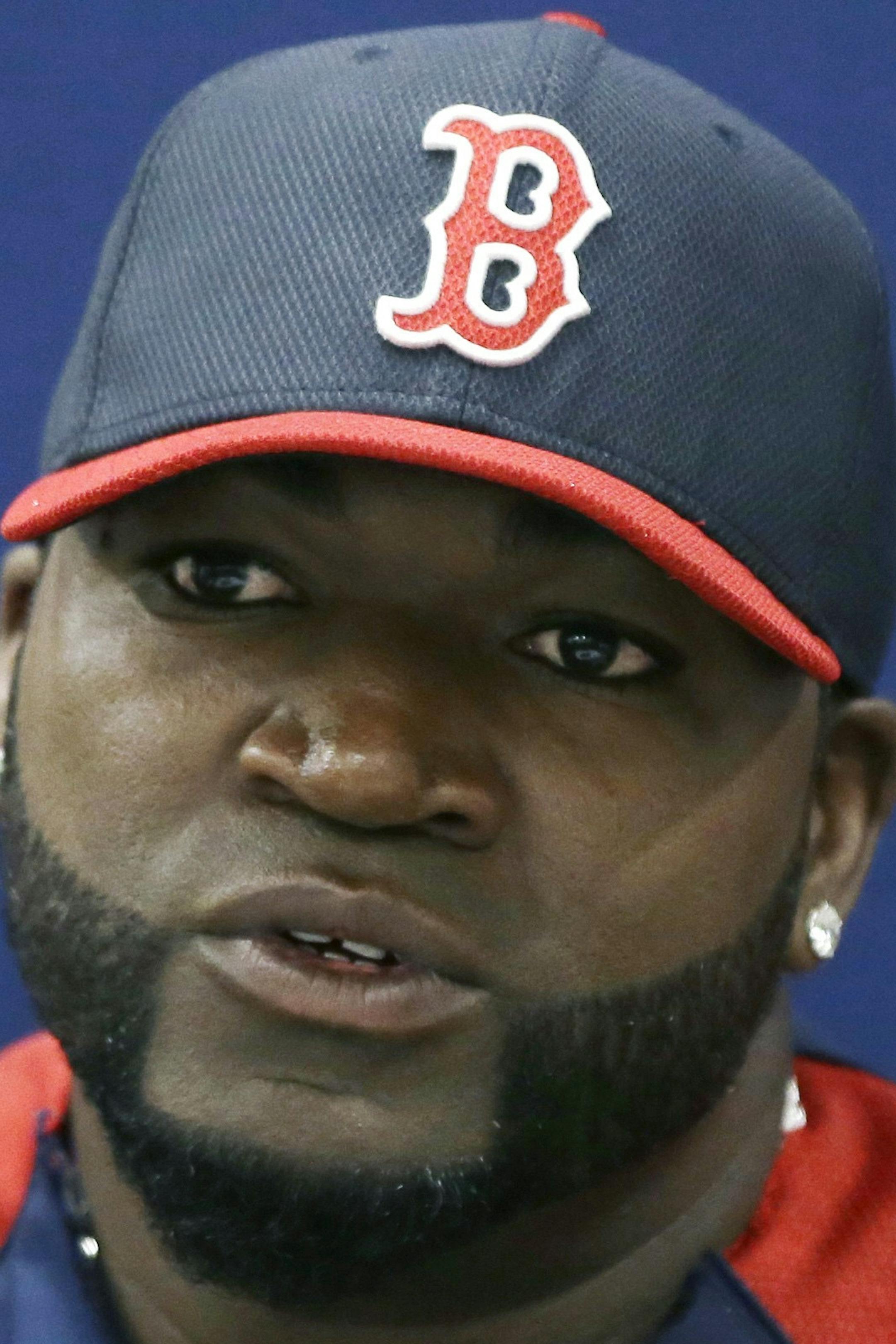FILE - In this March 24, 2014, file photo, Boston Red Sox designated hitter David Ortiz speaks during a news conference in Sarasota, Fla. Ortiz says he "never knowingly took any steroids" and he's definitely a Hall of Famer. The remarks by the 39-year-old designated hitter come in a column Thursday, March 26, 2015, for The Players' Tribune, a website founded by Derek Jeter that gives professional athletes a platform. (AP Photo/Carlos Osorio, File)