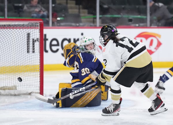 Andover forward Isa Goettl (12) scored her fourth goal of the game past Rosemount goaltender Avery Miller (30) in the third period at Xcel Energy Cent