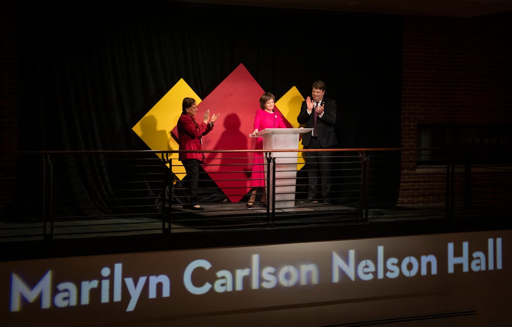 Marilyn Carlson Nelson spoke after being surprised that the newly renovated hall will be named after her during the renovation kickoff event for the Carlson School of Management at the University of Minnesota on Dec. 12.