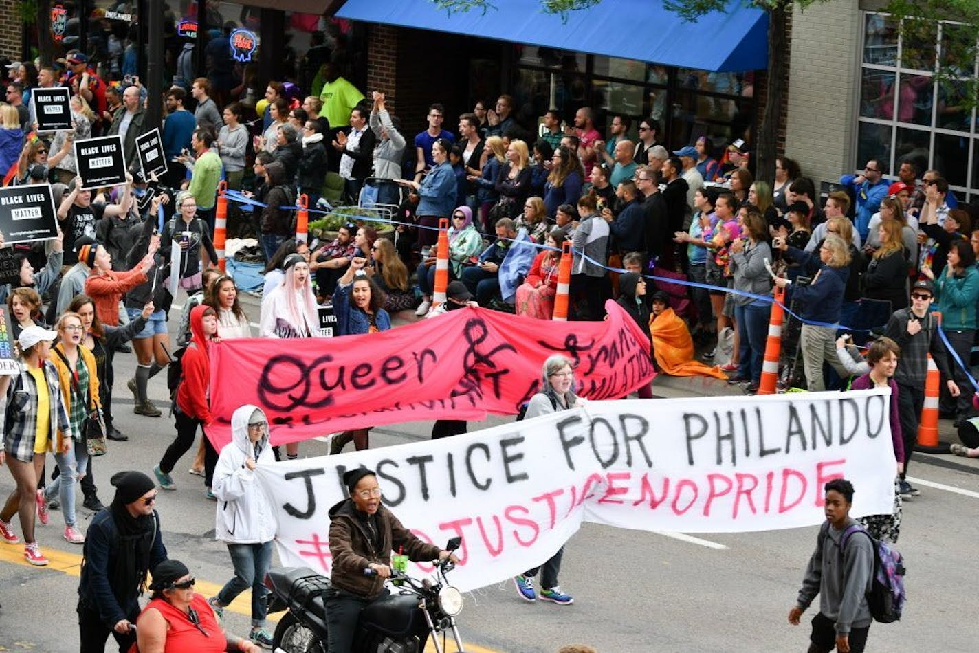 Black Lives Matter protesters blocked the Pride Parade along Hennepin Ave at the start of the parade in Minneapolis.