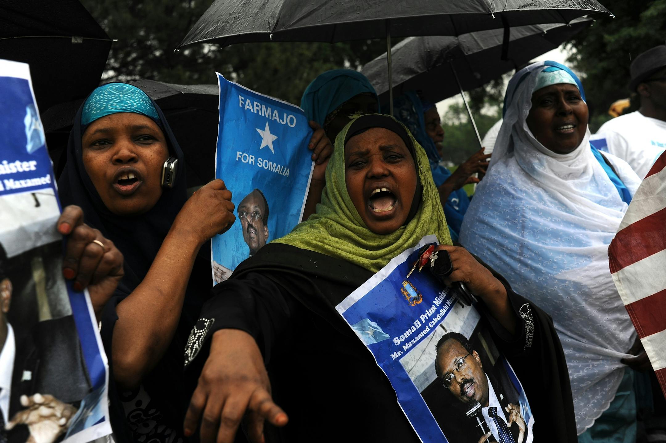 Amina Fahar, center, during a rally Saturday supporting Somali Prime Minister Mohamed Abdullahi Mohamed in Minneapolis.