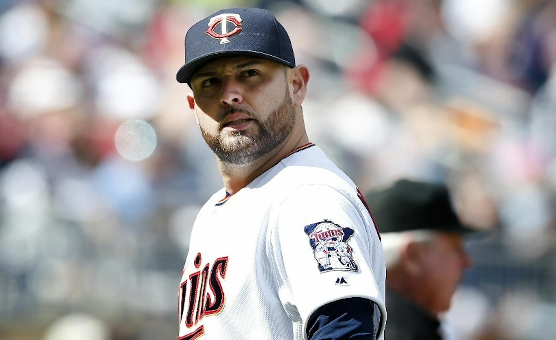Twins starter Ricky Nolasco walked back to the dugout after being taken out of the game in the sixth inning Sunday against Detroit at Target Field.