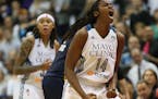 Lynx Devereaux Peters reactedafter causing a turnover during the second half. Game 2 of the WNBA finals Lynx vs Indiana at the Target Center in Minnea