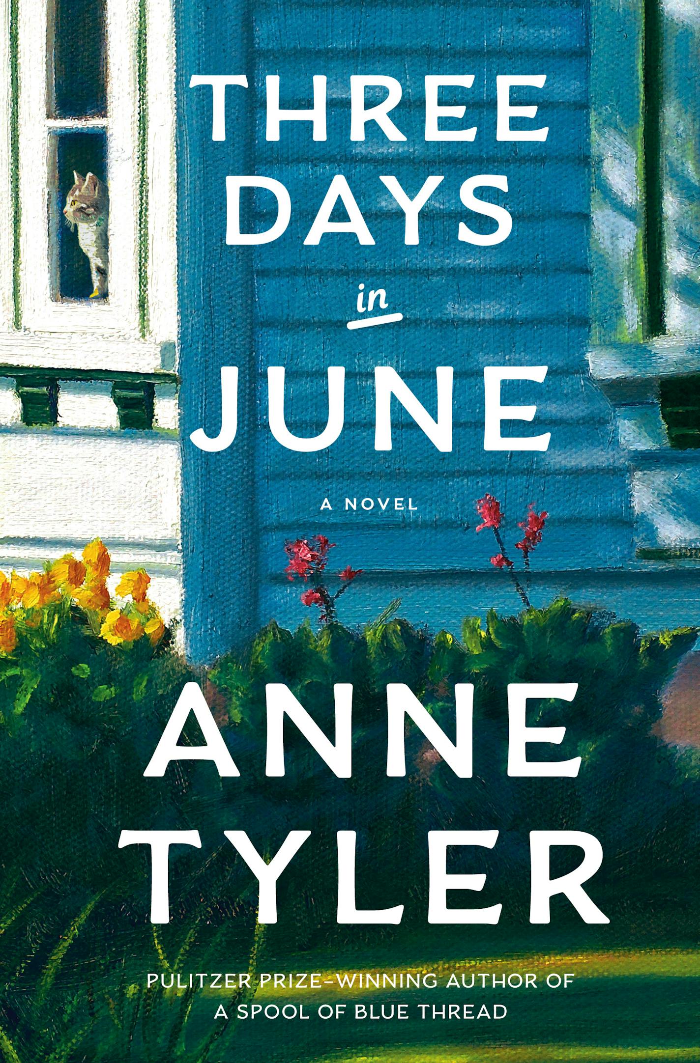 cover of Three Days in June is a painting of the corner of a house, with a cat looking out one of its windows