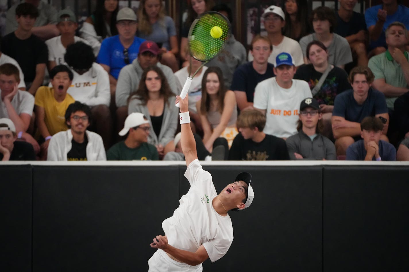 Edina's Matthew Fullerton returns the ball to Hornets teammate Nolan Ranger in the state Class 2A individual championship at the Baseline Tennis Center on the campus of the University of Minnesota in Minneapolis, Minn., on Friday, June 9, 2023. ] SHARI L. GROSS • shari.gross@startribune.com