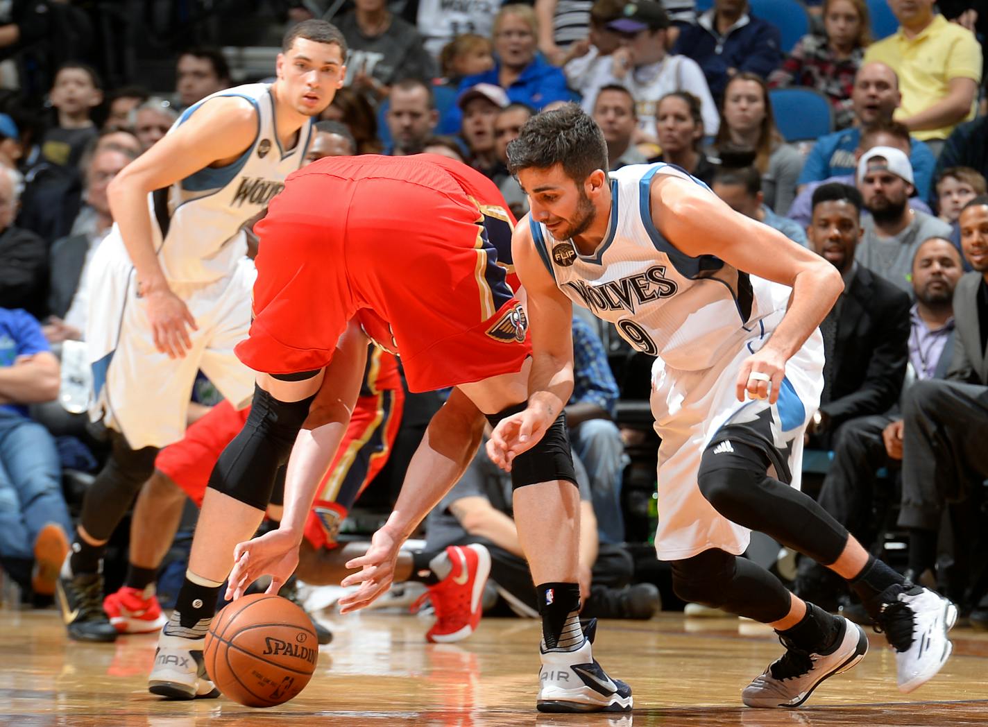 Timberwolves guard Ricky Rubio stole the ball from New Orleans center Omer Asik during the second quarter Wednesday. The Wolves won 144-109 in their season finale, setting a team record for points in a game.