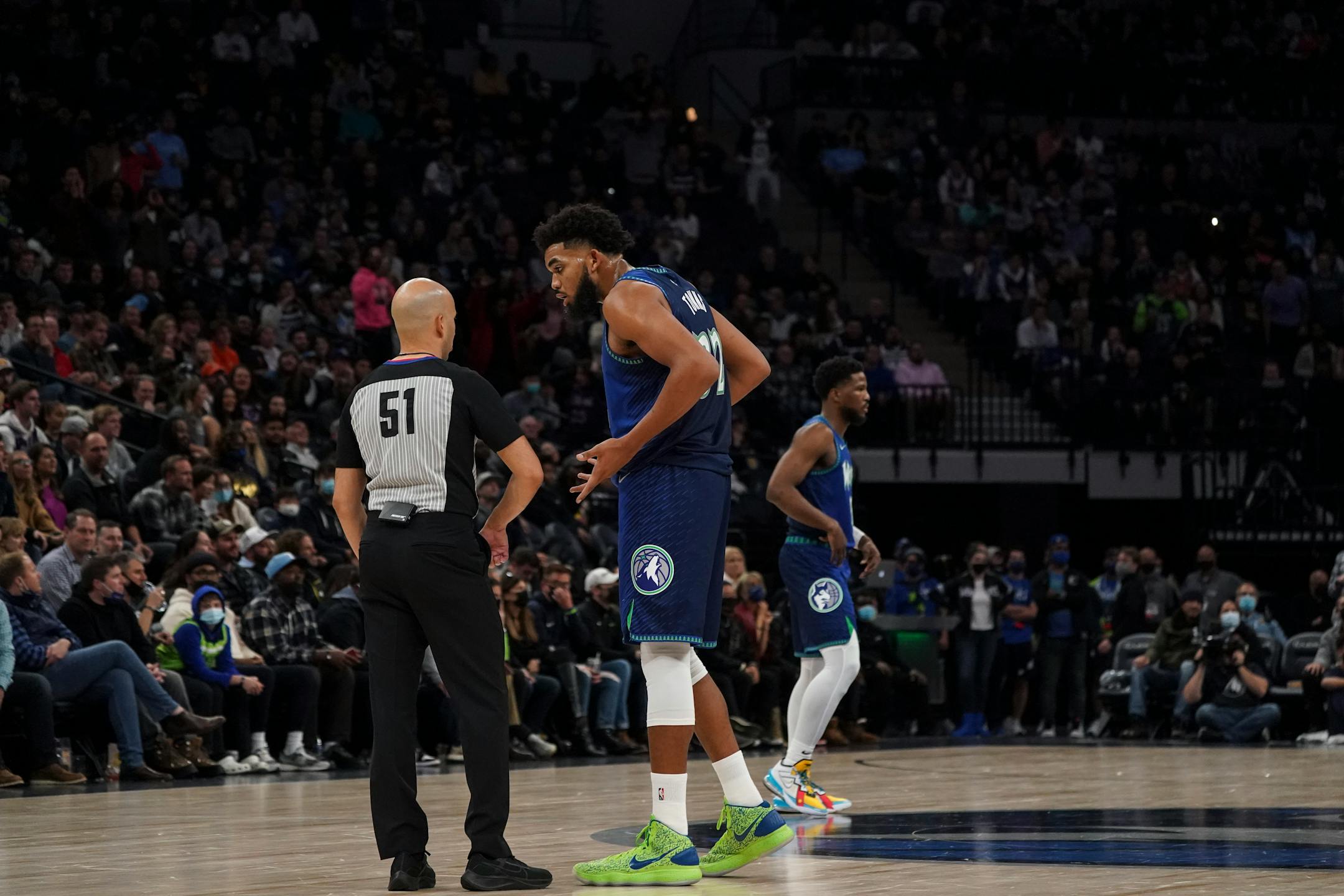 Minnesota Timberwolves center Karl-Anthony Towns (32) argues with the referee over a technical foul in the third quarter.