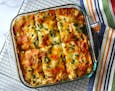 Creamy Green Chicken and Roasted Corn Enchilada Casserole is a cheesy variation on a favorite childhood dish.